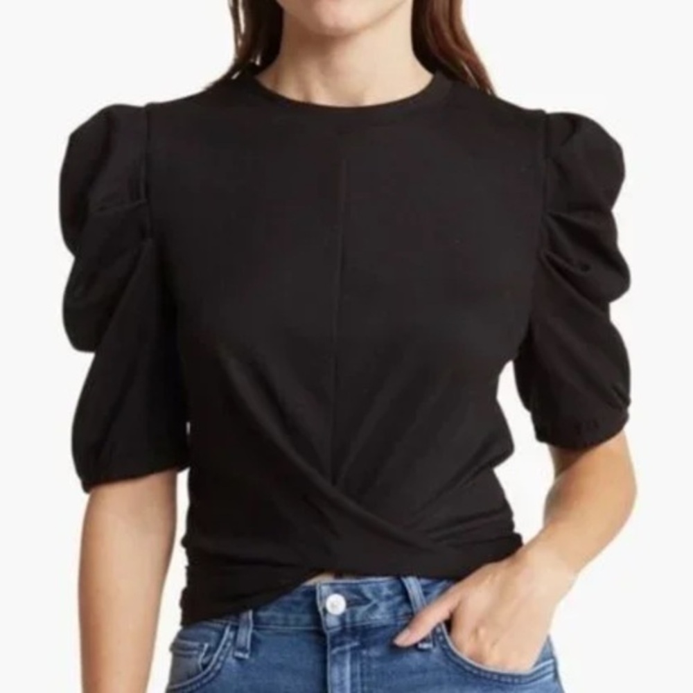 Grace + Karma stretch puff sleeve twist front top M